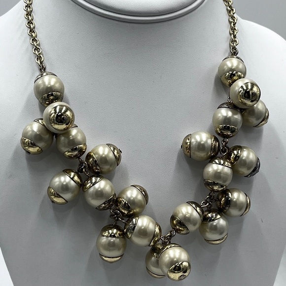 J. Crew Off White Faux Pearl Gold Tone Cluster Necklace Metal Spacers - Picture 3 of 11